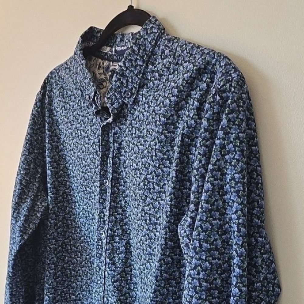 Porter & Ash Mens XL Blue Green Floral Leaf Print Cotton Button Down Shirt L/S